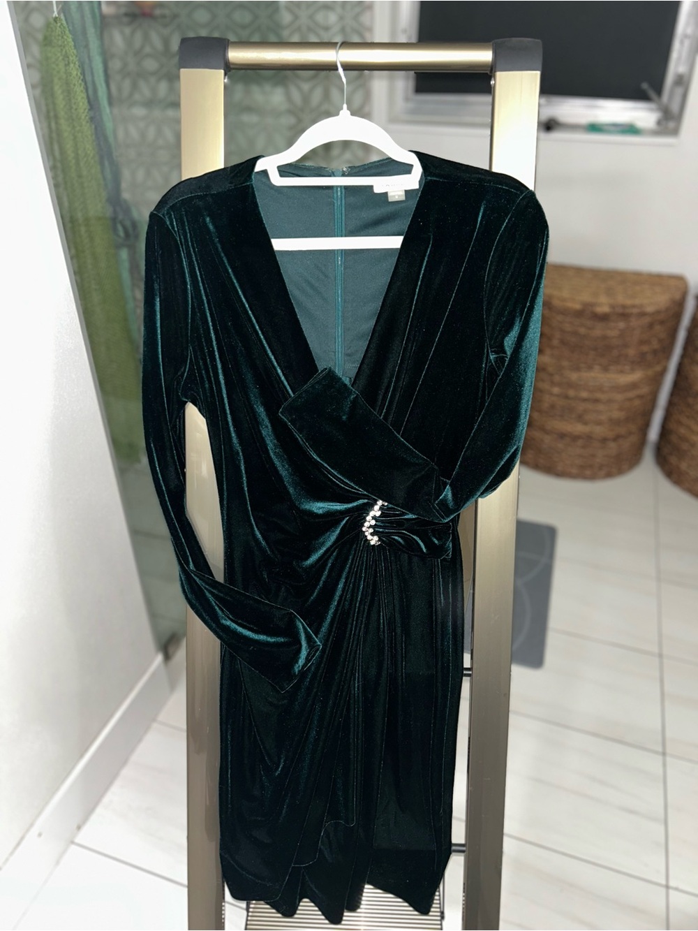 Calvin Klein Emerald Green Velvet Wrap Dress with Brooch Accent